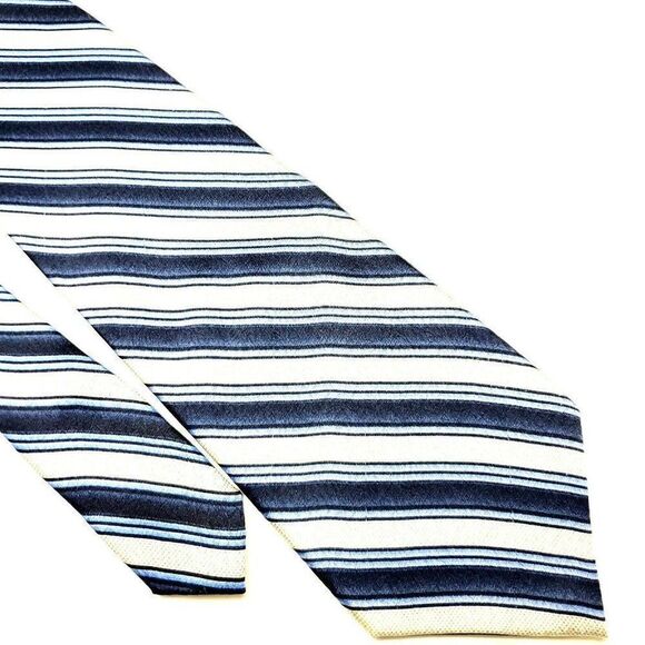 Pierre Cardin Silk‎ Tie Print White Blue Striped Classic - Picture 1 of 6